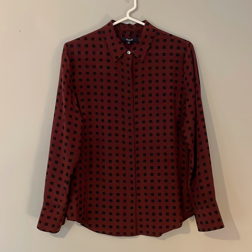 Silk Blouse, Maroon and Black squared Button-Up by Madewell